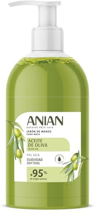 ANIAN - Jabón de Manos Aceite de Oliva, 500 ml, para Piel Seca, Glicerina y Aceite de Oliva, Combate la Sequedad de la Piel, Mantiene la Hidratación de la Dermis, + 95% Ingredientes de Origen Natural