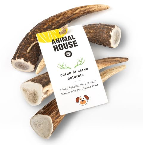 Animal House 4 Pezzi Corna di Cervo per Cani Intere, Masticativo Naturale al 100%, Rafforza Igiene Orale, Resistenti e Duraturi, Disponibili in Tutte le Taglie (4, S)