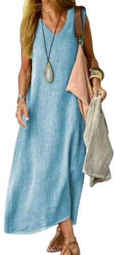 Juketron 2024 Abiti Estivi Donna Scollo a V Senza Maniche Canotta Abito Lungo Tinta Unita Abiti da Spiaggia in Lino di Cotone Abito Estivo Allentato Casual