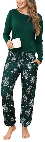 Jahetuul Pijama de Algodón para Mujer Conjunto de Pijama de Manga Larga con Bolsillo Otoño Invierno con Pantalones Estampados con Puños