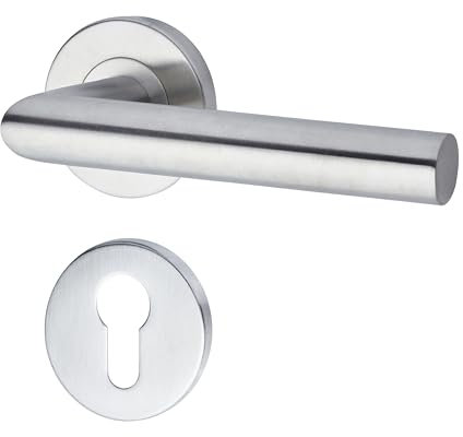 Yale Set di maniglie L 90 in acciaio inossidabile per porta con rosetta per cilindro europeo 35-S1L9-RRCY-88-3101, satinate, design moderno, adatto per porte interne ed esterne