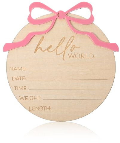 Baby Announcement Sign, Pink Bow Welcome Baby Sign, Wooden Hello World Newborn sign for Recording Birth Information