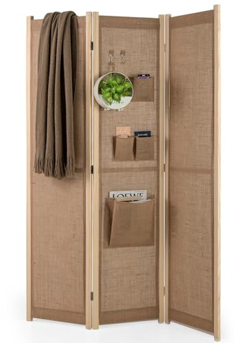 COSTWAY Paravento a 3 Pannelli, Separé Divisorio da Interno in Lino Finto con Tasche di Stoccaggio e Ganci, Pannelli Divisori Pieghevole per Camera da Letto, Ufficio e Soggiorno