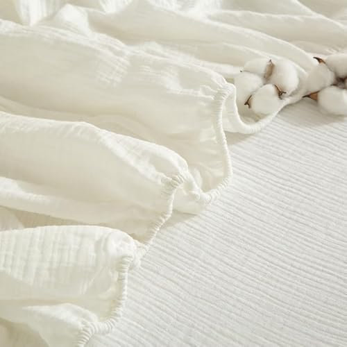 Gezu Doppelte Muslin Spannbettlaken 120x200cm 100% Baumwolle Muslin Weiß Boxspringbett Frottee Topper Weich Uni Atmungsaktiv Bettlaken für Hohe Matratze bis 25-30 cm