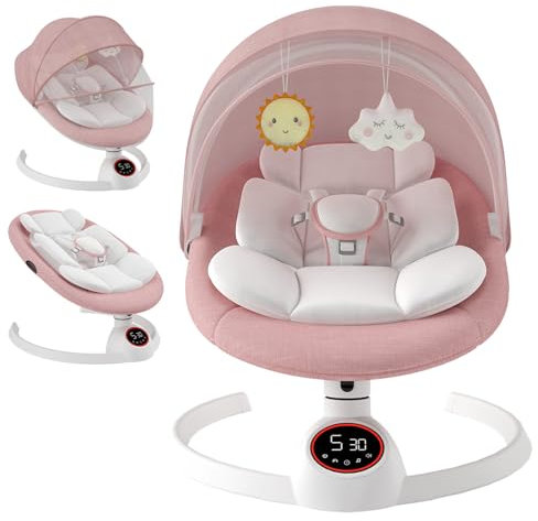 Babywippe Elektrisch Neugeborene bis 9 kg, Klappbar Bluetooth Babyschaukel Elektrisch mit 5 Schwinggeschwindigkeiten, 3-stufigem Timer und Fernbedienung, Tragbar Leicht Wippe Baby Elektronisch (Rosa)