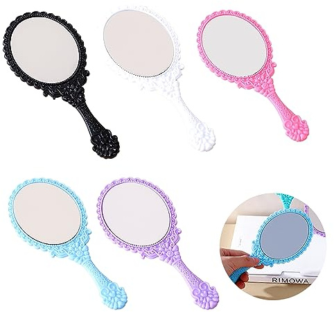 Espejo de Mano con asa, 5 Piezas Espejo de Mano - Handheld Mirror，Espejo de Mano Princesa, Retro, Espejo De Viaje, Dientes (Negro, Blanco, Rosa, Azul, Morado)