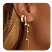 Tewiky Goldkettchen-Ohrringe für Damen, 3/4 Paar, filigrane hängende Stapel-Ohrringe, 14K vergoldet, trendiges, hypoallergenes Creolen-Set mit Zirkonia-Steckern für Damen Schmuck GD2B