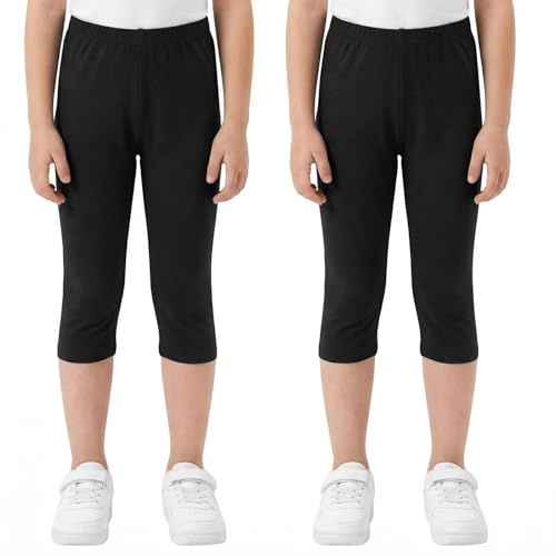 FILOWA Leggings Niñas Algodón Pack de 2 Capri Mallas, 9-10 Años, Negro