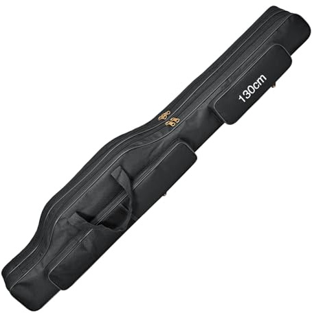 Fishing Rod Bag, 130cm 2-Layer Waterproof Oxford Fishing Pole Case, Tackle Holdall with Adjustable Shoulder Strap and External Pockets for Travel