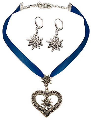 Alpenflüstern Trachtenschmuck-Set Satin-Trachtenkette Strassedelweissherz und Trachten-Ohrhänger Strass-Edelweiss - Damen-Trachten-Schmuck, Trachtenset Trachtenkette und Trachten-Ohrringe blau SET044