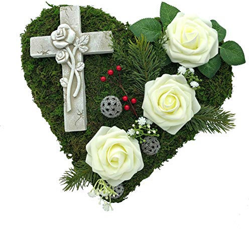 Grabgesteck Grabschmuck Grabaufleger Moosherz Grabherz Trauerherz Grab Herz Gesteck Rosen mit Kreuz (Rosen Weiß)