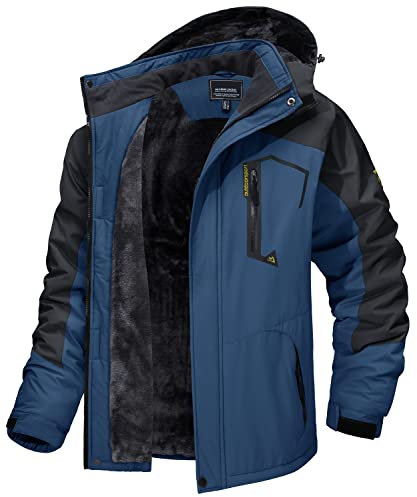 MAGCOMSEN Winter Herren Gefüttert Softshelljack Wasserdicht Atmungsaktiv Fleecejacke Herren Übergangsjacke Outdoor Skijacke Dick Snowboard Jacke mit Abnehmbarer Kapuze Denim Blue 3XL