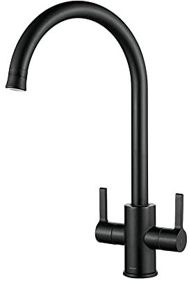 Ibergrif M22140B - Robinet de cuisine, Rotation 360°, Robinet d'évier de cuisine chaud et froid à double poignée, Mitigeur Cuisine 2 modes de sortie d'eau, Noir