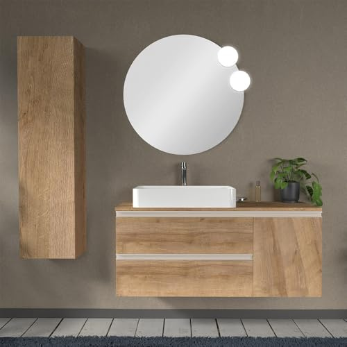 Inbagno Mobile Bagno sospeso 120 cm per lavabo da appoggio, Serie Master 2 cassetti con Anta, Top e Specchio Inclusi (Rovere Miele)