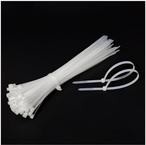 KAXIMON White Cable Ties 250mm x 4.8mm (100 Pack), Clear Zip Ties Heavy Duty with 50lbs Tensile Strength, Self-Locking Nylon Plastic Wire Ties Wraps for Office, Household and Outdoor