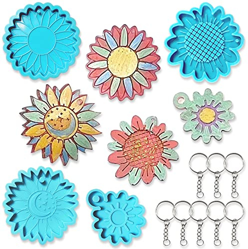 4 Pieces Silicone Keychain Pendant Molds, Flower Mold Epoxy Sunflower Silicone Keychain Resin Molds Sun Moon Blue Epoxy Molds with 8 Key Rings for DIY Jewelry Earrings Home Decor Casting Making