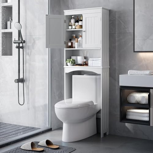 Bealife Meuble de Rangement WC avec 2 Portes et Étagères Réglables, Étagère de Toilettes sur Pied avec Compartiments Ouverts - Blanc