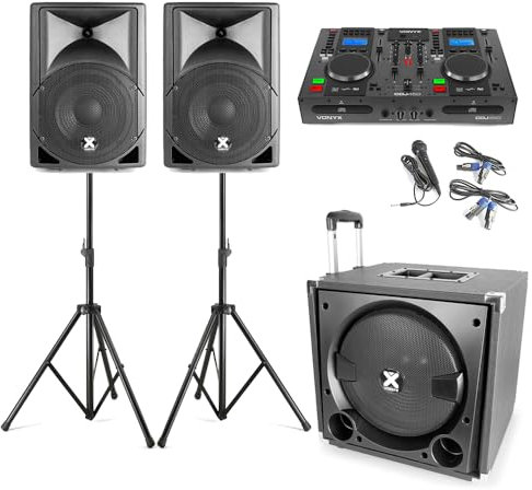 Vonyx VX800 2.1 Active DJ PA System with CD Mixer - Portable Bluetooth Speaker Set Including Subwoofer, Satellite Speakers, Dual CD USB MP3 Player, Microphone & Stands - DJ Setup Kit