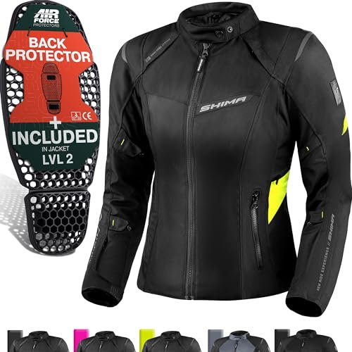 SHIMA RUSH Motorrad Jacke Damen mit Protektoren Textil | AIRFORCE Rückenprotektor | Wasserdicht Motorradjacke Sommer Motorradkombi Motorradhose Mesh Touren (Neon, Frauen, Schutzjacken, Größe L)