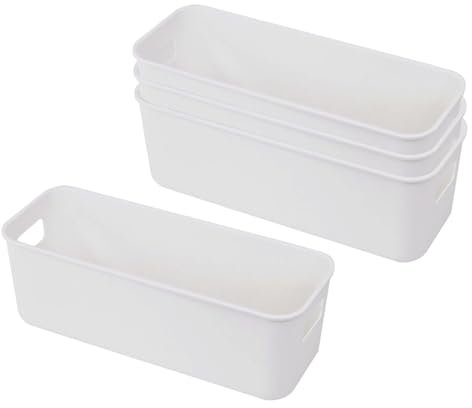 WKITKA 4Pcs Plastic Storage Bins, White Plastic Storage Basket, for Kitchen, Cupboard, Office, Bathroom, Toy, Home Tidy Open Storage Bins with Handles