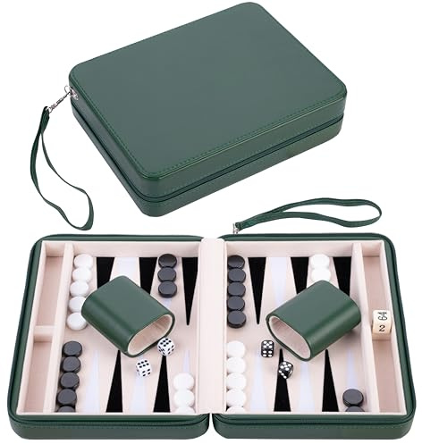 Engelhart – 250503 – Backgammon de Viaje 9 Pulgadas con Funda Verde y Cierre – Interior de Fieltro en Tonos Crema, Negro y Blanco – Juego Completo con Accesorios