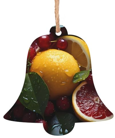 Adecuado para puertas de pared y ventanas de Navidad, adornos de campana de madera, 6 piezas, pomelo fresco, limón y campanas para árbol de Navidad