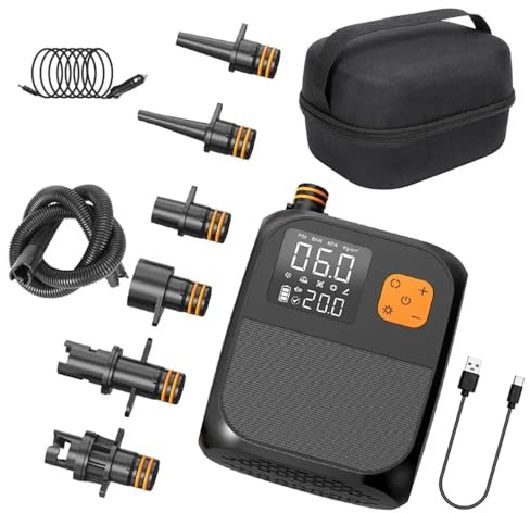 Bomba eléctrica de tabla de remo de 8000 mAh, 25 PSI, bomba de aire portátil, bomba de sup recargable de 120 l/min, pantalla táctil LED, inflado de doble etapa, adecuada para kayaks, velas