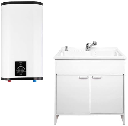 SIGO – genomströmningsvärmare-set, elektronisk kompakt boiler med badrumsskåp, handfatarmatur och dispenser, kontor, verkstad, fritidshus, butik, serviceutrymmen – 10 l