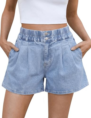 Fengbay Denim Shorts for Women Ladies High Waisted Stretch Jean Shorts UK | Casual Elasticated Detail Loose Relaxed Fit Soft Washed Women's Denim Trendy Wide Leg Pants Fabric with Pockets Summer