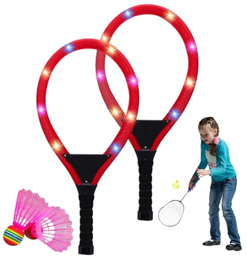 4 pièces/1 Ensemble de Raquettes de Badminton Ensemble Badminton pour Enfants à LED 22 Pouces avec 2 Volants Lumineux, léger pour 3 à 5 Enfants, Jeu Sport en intérieur et en Plein air Rouge