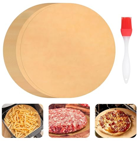 100 Stück 32cm Backpapier Rund mit Silikon Backpinsel, Antihaft-Backpapier, Hitzebeständig Backblechpapier, Fettdichtes Grillpapier für Bratpfanne, Backofen, Mikrowelle (braun)