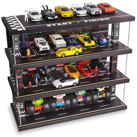 Saichotoy Display Case for Hot Wheels, 4-Tier Wooden Garage Storage | Racing Scene for 1/64 Diecast Cars, Multi-Level Collector Display, Realistic Garage Diorama, Birthday Gift, Cars Not Included