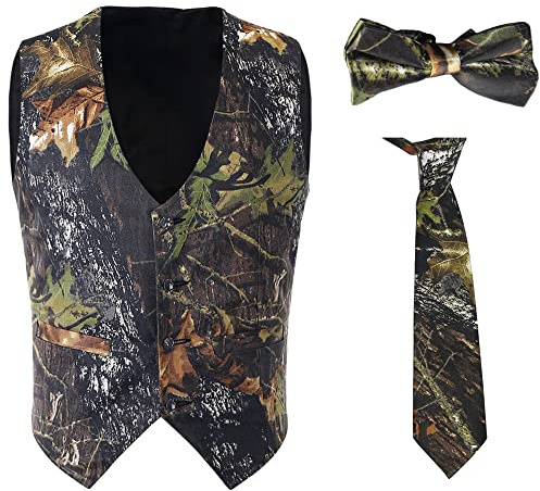GSQWAHS Camo Vest for Men - 2XL Dark Black 3PCS (Vest + Necktie + Bowtie) - Adult Men's Hunting & Wedding Grooms Outerwear
