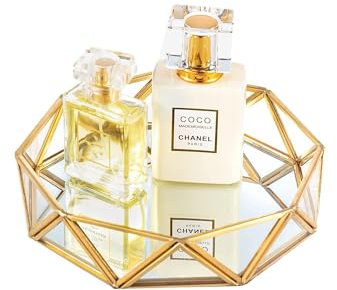 Feyarl Small Gold Mirrored Tray Ornate Cosmetic Tray Makeup Jewelry Organizer Vanity Glass Trays Perfume Display Dresser Tabletop Decorative Trays (7 Inch/18cm)