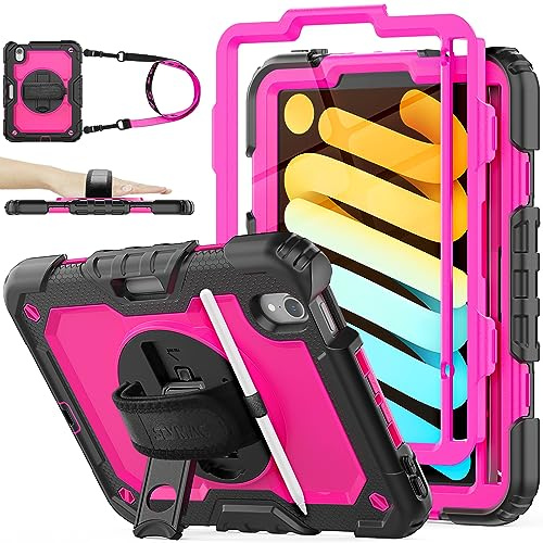 SEYMAC stock Case for iPad Mini 7 (A17 Pro)/ Mini 7th/6th Generation Case 8.3 inch(2024/2021), Full-body Shockproof Cover with 360° Rotating Stand/Hand Strap, Screen Protector & Pencil Holder, Rose