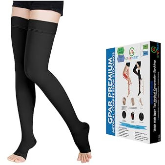 GPAR PREMIUM Calze compressive medicali - Punta aperta -Coscia alta - Classe 2, 23-32 mmHG - Unisex per Vene Varicose, Edema, Dolore alle Gambe, Vene del ragno (COLOR: BLACK, SIZE: L)