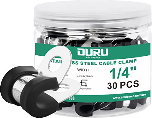 OURU 30pcs 1/4 Inch Stainless Steel Rubber Coated Cushioned Insulated Cable Clamps,Automotive Pipe Metal Clamps for Tube,Lines,Wire Cord Installation(Black,6mm)