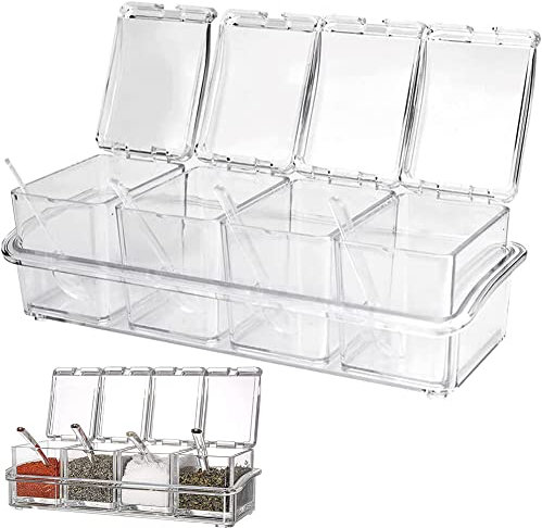 TTBDDM 4 en 1 Transparente Caja Para Condimentos, Especias Condimento Recipiente, Set de Caja de Condimentos, con Tapa y Cuchara, para Almacenar Sal, Pimienta, Azúcar, Azúcar, Especias