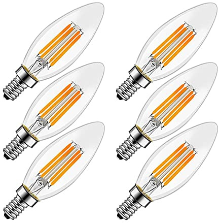KUNOQXHA Confezione da 6 lampadine a LED C35 a candelabro, Lampadina a lampadario da 6 W equivalente a 60 W Attacco E12 E14 E26 E27 Lampadina Edison Vetro Trasparente 600 Lumen, E12-Warm White 2700K