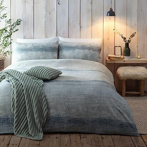 Appletree Green King Size Duvet Cover Set – 100% Brushed Cotton Bedding – Soft Gradient Stripe Design – 230x220cm – 2 Pillowcases – Fade Dye Look – Cosy Winter Bedding – Machine Washable