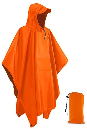 Snowalva Festival Poncho Waterproof Adult Reusable Poncho Waterproof Adult Lightweight Breathable Durable Environmentally Friendly Raincoat with Brim for Hiking Camping Cycling Traveling Orange