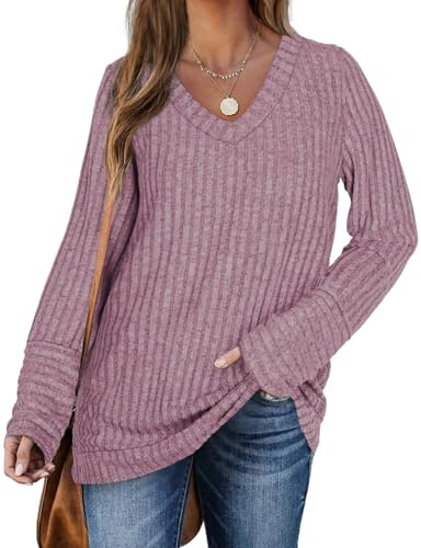 DUOEASE Pull Femme Automne Chic Elegant Col en V Sweatshirt Casual Confortable Top(Rose,S)