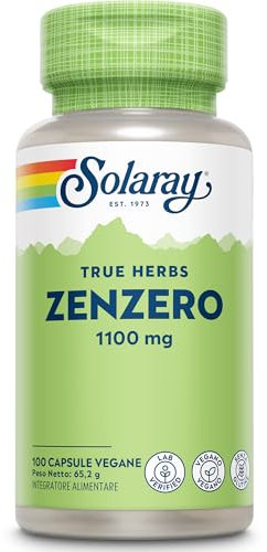 Solaray - Radice di zenzero - 100 capsule vegane - Integratore di zenzero ad alta resistenza da 1100 mg - Non compresse o colpi - Supporto naturale al 100% per radice di zenzero - Verificato in