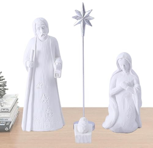 Set med julkrubbor, vit krubba, julkrubbset av konstharts | Elegant vit julprydnad för familj, vänner, kollegor, julfödelsedag
