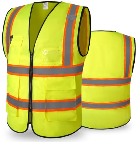 Hi Vis västar för kvinnor män reflekterande säkerhetsvästar med ficka dragkedja för byggande Oudoor-arbete möter ANSI/ISEA-standard, Duk-Gul, L