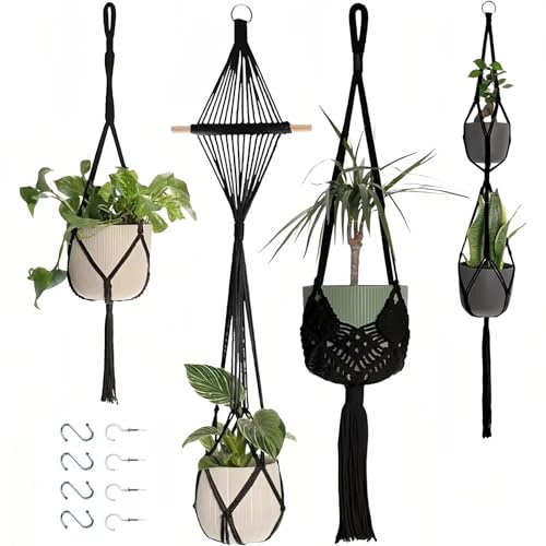 Lot de 4 suspensions en macramé - Décoration bohème - Avec crochets - Corde en coton - Pour chambre - Aesthétique - Plantes suspendues - Balcon, fenêtre - Noir