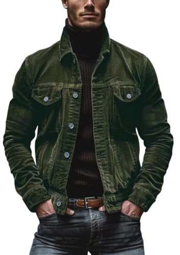 Oanviso Veste en Velours Côtelé Homme Blouson Classique Retro Veste de Travail Manches Longues Veste Cargo Décontractée Bouton Regular Fit Outdoor Manteau A Vert XL
