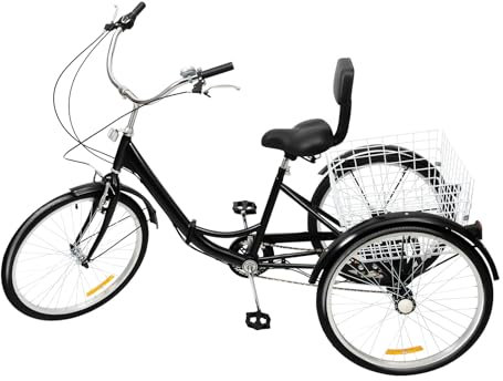 Trehjulig cykel för vuxna, 24-tums vuxen trehjuling, 7 växlar, hopfällbar med korg, 5,25-5,9 fot, svart, 170x70x103 cm