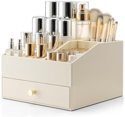 VLANDO Make Up Organiser with Drawer, Vanity Organiser for Dressing Table | Multi-zone storage, Open-top compartments, Space-saving design, Easy access, Gift for women, Bedroom and vanity, White