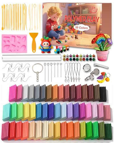 cyctravel Polymer Clay Set, 50 Farben Polymer Clay Enthält 20 Modellierwerkzeuge und 9 Zubehörteile, Polymer Knete Set für DIY Bastelarbeiten, ein Set für Anfängergeburtstage und Weihnachtsgeschenke